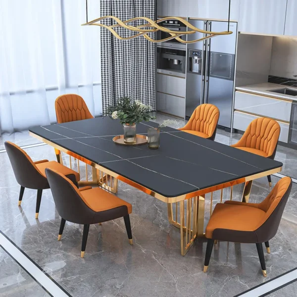 Luxury Stainless Steel Titanium Dinner Dining Table 6 Chairs Set Modern Marble Dining Room Furniture Dining Table Set - Image 3