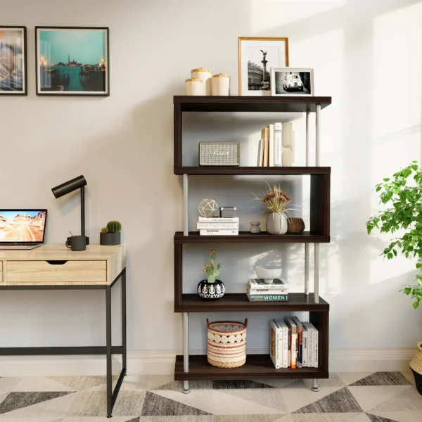 Modern 4 Tier S-shaped Bookcases Design Furniture Leaning Decorative Shelves Ladder Storage Bookshelf - Image 5