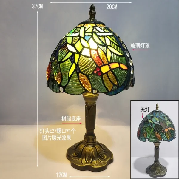 Tiffany Style Table Lamp Banker 8inch Stained Glass Peacock Floral Vintage Antique Light Decor Nightstand - Image 4