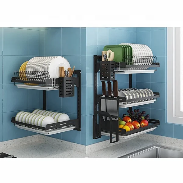 Paint 2 Tiers Wall Mounted Dish Drying Drainer Hanging Rack Kitchen Space Saver Hanging Shelf With PP Water Tray - Image 4