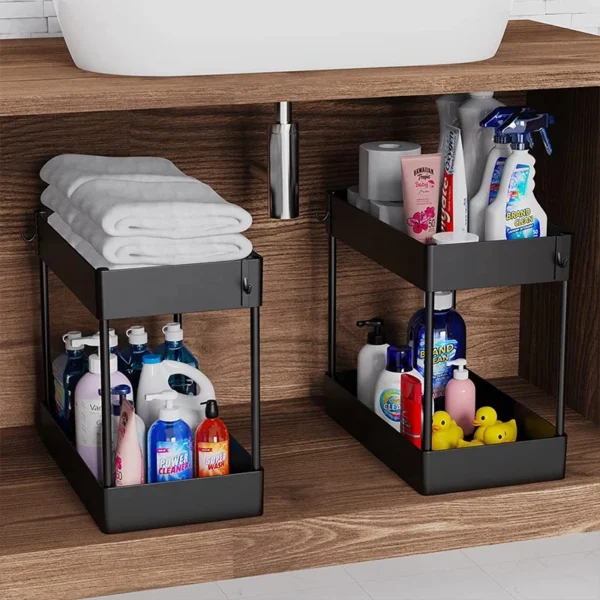 bathroom & kitchen accessories stackable plastic 2 tier under sink cabinet shelf pull out drawer sliding spice rack organizer - Image 5