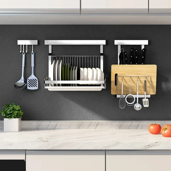 No punching set kitchen organization stainless steel wall mounted shelf Holders spice dish drying rack vegetable storage basket - Image 2