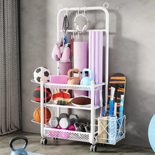 Metal frame rack home gym organizer yoga mat shelves Sports equipment storage rack basket with wheels - Image 2