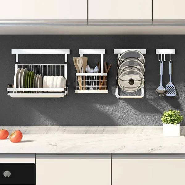 No punching set kitchen organization stainless steel wall mounted shelf Holders spice dish drying rack vegetable storage basket - Image 6