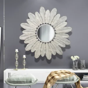 80cm Ornate decor light luxury decorative flower shape mirrors elegant wall hanging white metal frame feather mirror home decor