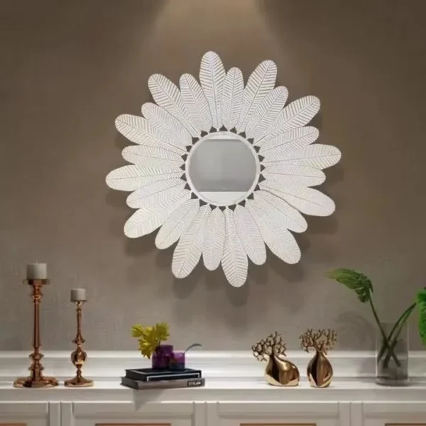 80cm Ornate decor light luxury decorative flower shape mirrors elegant wall hanging white metal frame feather mirror home decor - Image 2