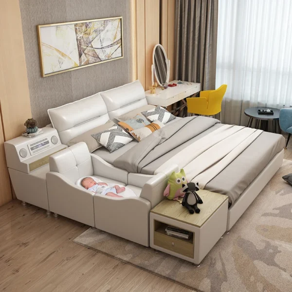 Big Headboard Double Bed Genuine Leather Beds Frame Leather Combinatorial Type Modern Luxury Leather Bed - Image 6
