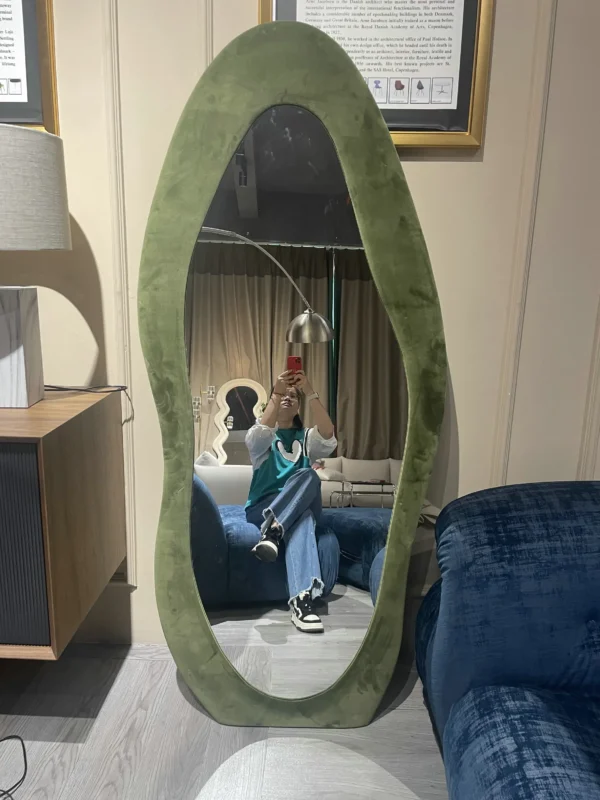 Dressing Floor Mirror Hanging Free Standing Full Body fabric upholstery Mirror wave mirror - Image 2