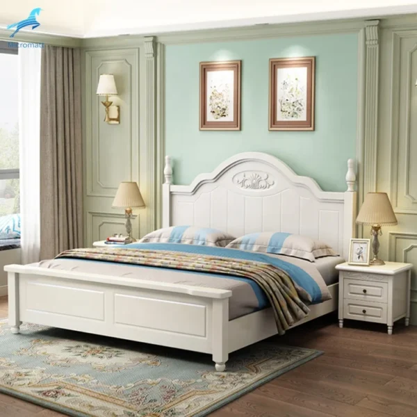 Nordic Style Bedroom Furniture White Color Practical King Size Wood Bed Frame - Image 6
