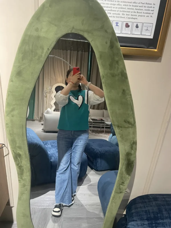 Dressing Floor Mirror Hanging Free Standing Full Body fabric upholstery Mirror wave mirror - Image 4