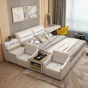 Big Headboard Double Bed Genuine Leather Beds Frame Leather Combinatorial Type Modern Luxury Leather Bed