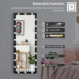 LED Large Over Wall Mounted Standing Floor Body Vanity Full Length Mirror with lights bulbs for Bedroom