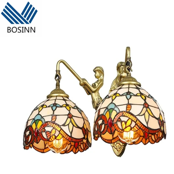 Double Lantern Gallery Mosaic Wall Lamp Stained Glass Flower Spotlight Down Pattern Sculpture Angel Magic Wall Light - Image 3