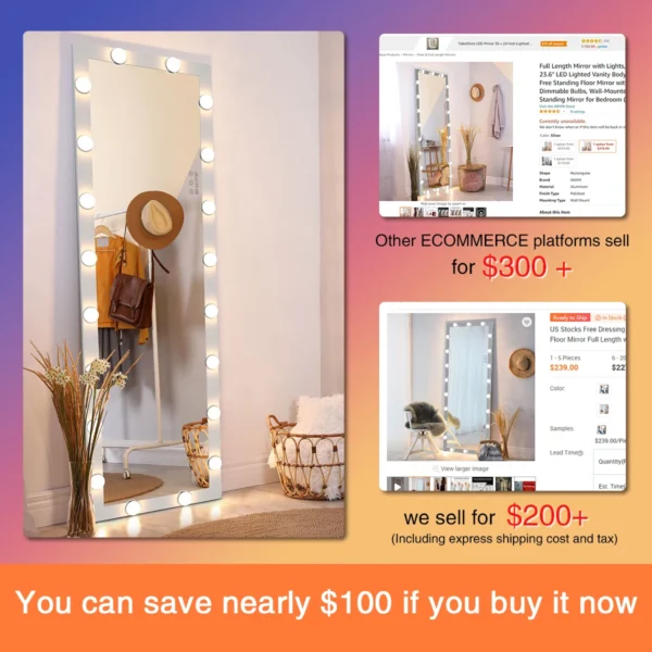 US Stocks Free Dressing Standing LED Large Oversized Wall Mounted Body Floor Mirror Full Length with light bulbs for Bedroom - Image 4