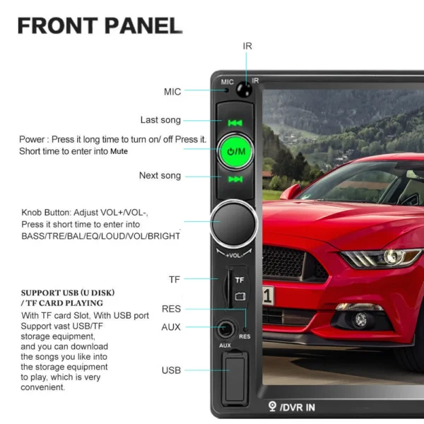 2 Din 7" Touch Screen Car Stereo BT FM USB AUX SD MP5 Player + Rear Camera - Image 2