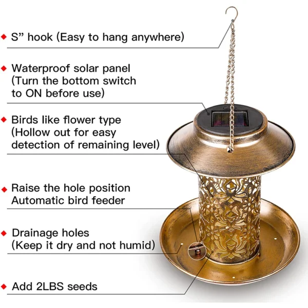 Solar Hanging Bird Feeder – Metal Feeder & Garden Lantern for Cardinals - Image 5