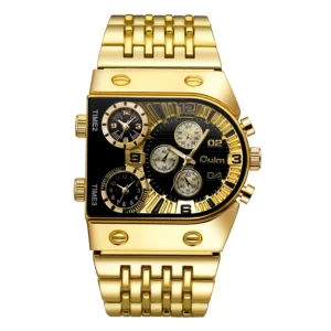 Oulm 9315 Luxury Men’s Quartz Watch – Gold Strap, Triple Dials, Waterproof