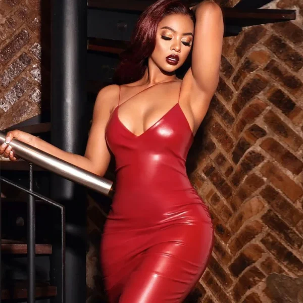 Sexy PU Leather Halter Dress – Backless Slim Fit Nightclub Dress for Women - Image 4